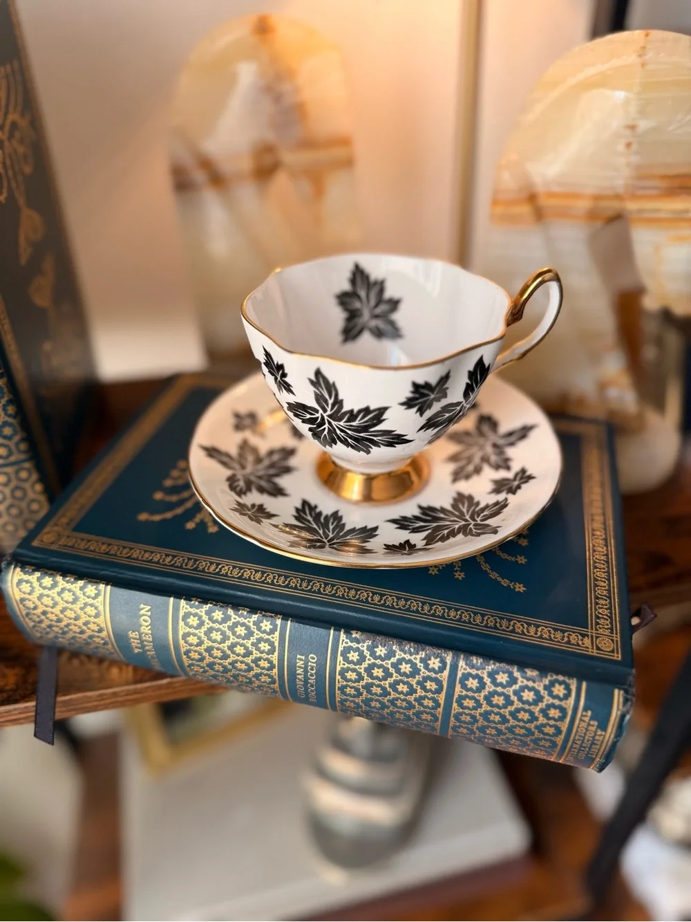 Black and Gold Leaf Teacup with Saucer